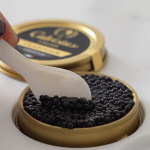 Degustazione del caviale calvisius con un cucchiaino di madreperla